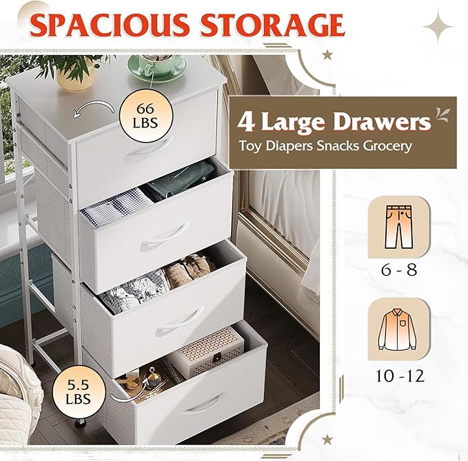 WLIVE Dresser with 4 Drawers, Storage Tower, Organizer Unit, Fabric Dresser for Bedroom, Hallway, Entryway, Closets, Sturdy Steel Frame, Wood Top, Easy Pull Handle, White