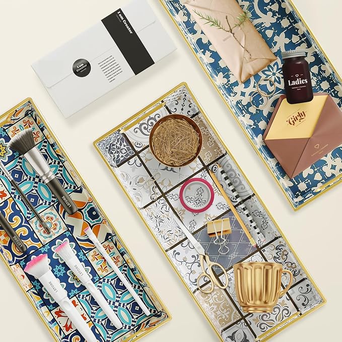 Plastic Gold Vanity Tray with Handles, Small Decorative Tray Desktop Storage Organizer for Bathroom, Living Room, 13.7"*5.9"*1.37"