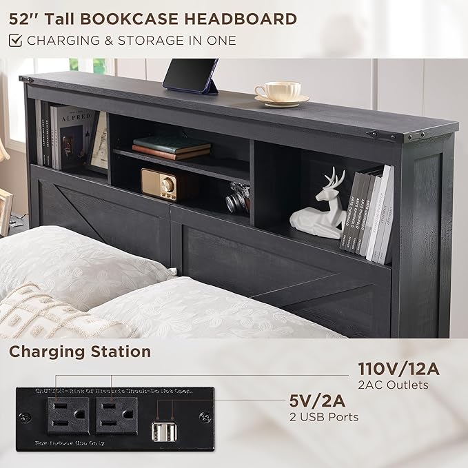 ACCOHOHO Queen Size Wood Bed Frame Farmhouse with 52" Tall Storage Bookcase Headboard, LED Light,Charging Station,4 Drawers and Solid Wood Slats Support,Noiseless,No Box Spring Needed - Black