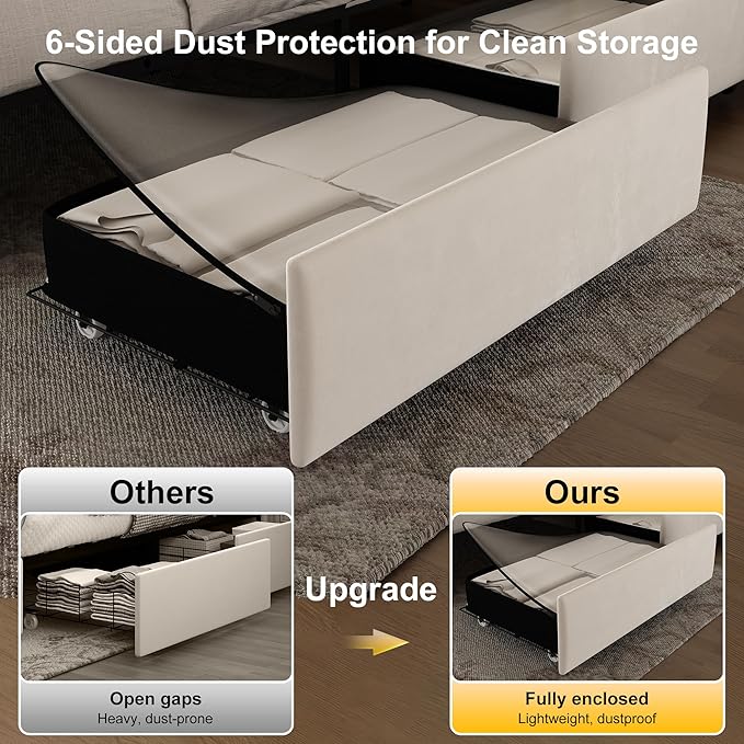 Queen led Bed Frame with 4 Drawers, Upholstered Platform Bed with Solid Wooden Slats Support, No Box Spring Needed, 900 lbs Capacity, Easy Assembly, Velvet Cream