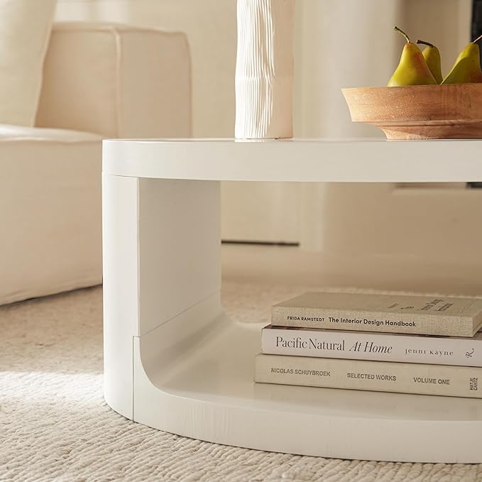 Round Coffee Table with Storage, 31.5" Modern Living Room Table, 2 Tier Circle Wood Center Tables for Apartment, Living Room, Open-Style Storage White Coffee Tables, 31.5"*15.7"(White)