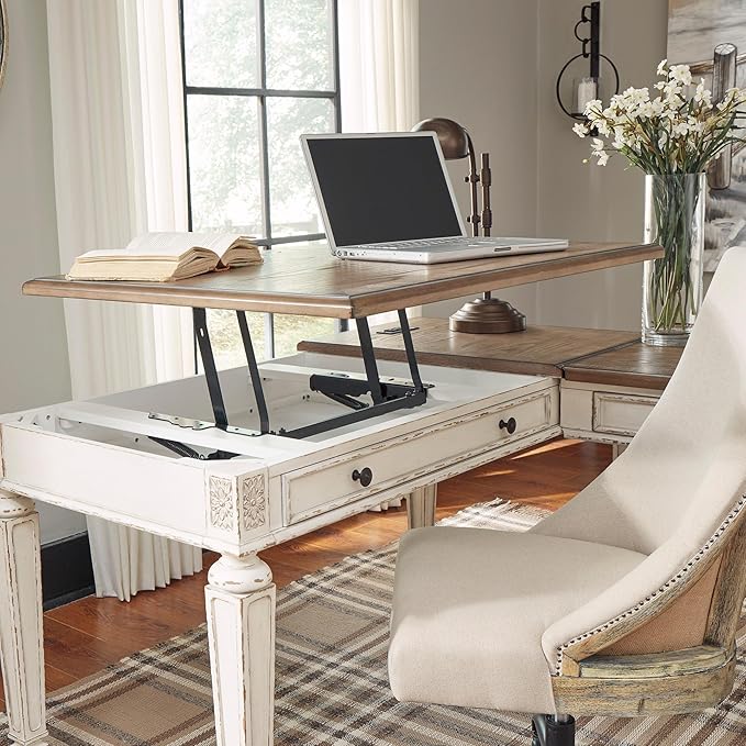 Signature Design by Ashley Realyn French Country 3-Drawer 2-Piece Home Office Desk with Spring Lift Top, USB Ports and AC Plug-Ins, Dark Brown & White