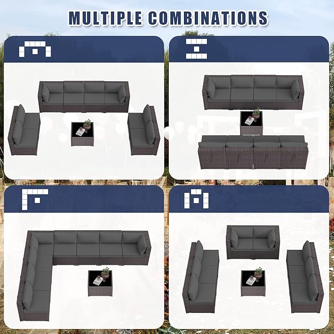 Kurapika 9 Pieces Patio Furniture Set, Rattan Wicker Outdoor Conversation Sets w/4 Inch Cushion and Glass Coffee Table(Grey)