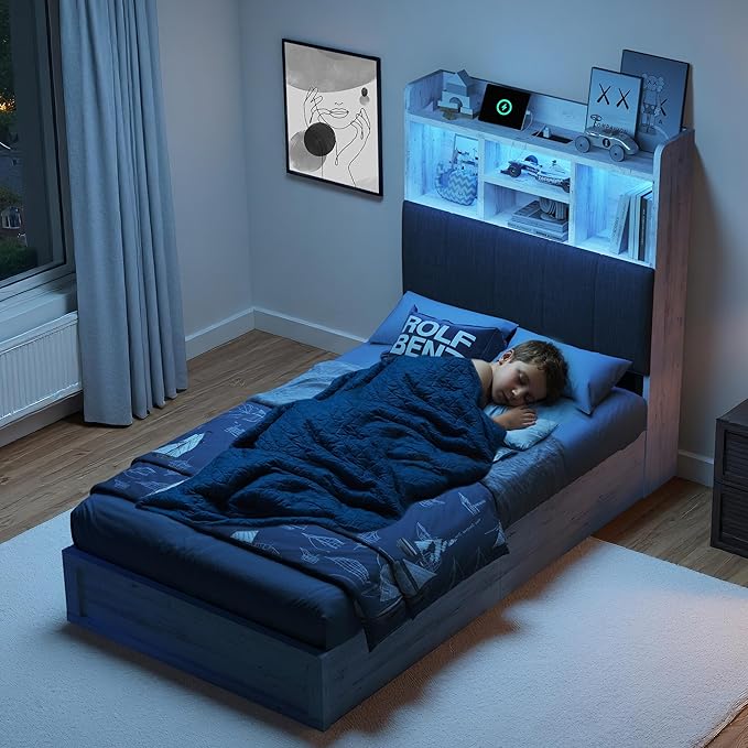 Twin Farmhouse Bed Frame with Bookcase Headboard and 4 Drawers, LED Storage Bed with Charging Station & Linen Upholstered, No Box Spring Needed, Distressed White