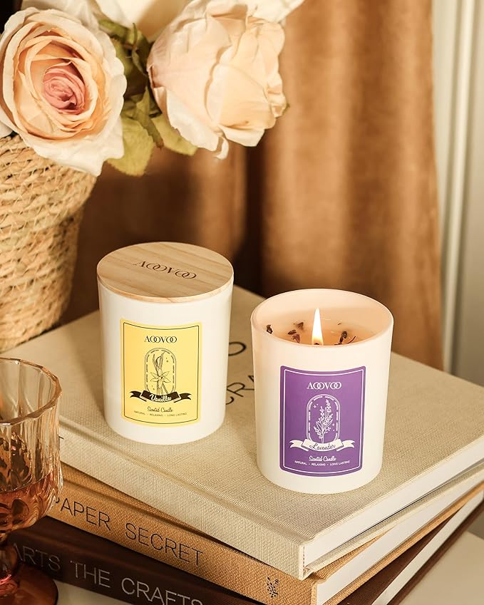 AOOVOO Lavender Candles Set for Women - 4 Pack Candles for Home Scented, 28 oz 200 Hour Long Lasting Aromatherapy Candle with Crystals Inside, Birthday Gifts Christmas Candle for Women Mom