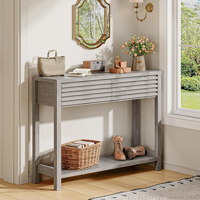 EAG 40" Fluted Console Table with 2 Drawers, Modern Wood 2 Tier Entryway Table with Storage Shelf, Narrow Sofa Tables Behind Couch for Entrance Foyer, Hallway, Living Room, Gray