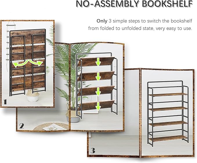 4NM No Assembly Extra Wide 4 Tiers Folding Bookshelf Storage Shelves Vintage Bookcase Standing Racks Study Organizer Home Office (Rustic Brown Black)