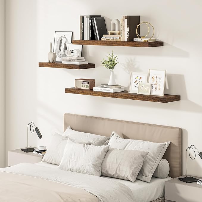 Vivelove 12" Deep Floating Shelves 47.2" Long, Wall Shelves for Living Room Bedroom Bathroom Kitchen Laundry Room, Farmhouse Rustic Shelves for Home Decor, 47.2" X 12" X 2" Set of 2, Rustic Brown