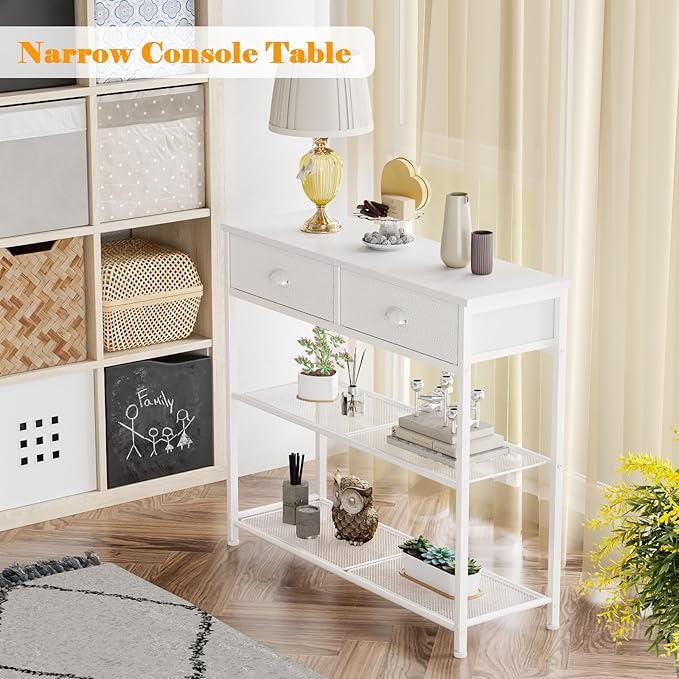 Furologee 30'' Entryway Table, White Console Table with Storage, Narrow Sofa Table with 2 Drawers and 2 Shelves for Hallway, Living Room, Bedroom, Foyer, Couch, Tv