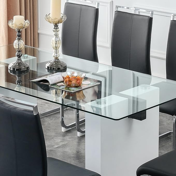 Modern Glass Dining Table for 6-8, Rectangular Glass Kitchen Table with Tempered Glass Tabletop and and Large White Table Legs for Kitchen Dining Room(White)