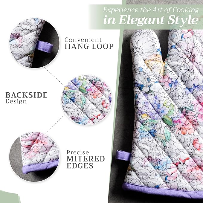 Maison d' Hermine Oven Gloves 100% Cotton Oven Mitt 7" x 13" with Loop Heat Resistant, BBQ, Cooking Gloves, Baking, Grilling, Kitchen, Handling Hot Pans Spring/Summer (Pack of 1, Floral Love)
