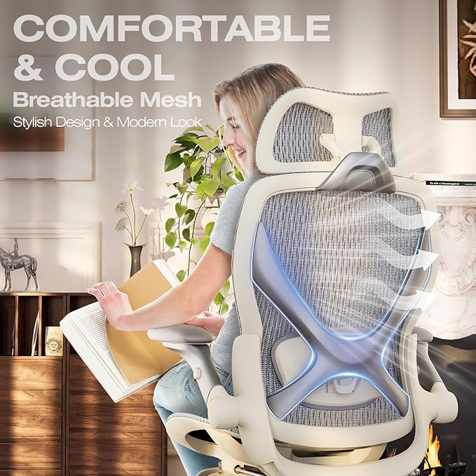 ELABEST X100 Ergonomic Office Chair with Footrest, Big and Tall Home Desk Chair with 5D Flip-Up Arms, Adjustable 3D Lumbar Support,High Back Rolling Computer Chair, Swivel Mesh Chairs (Frosted Dawn)