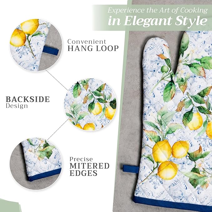 Maison d' Hermine Oven Gloves 100% Cotton Oven Mitt 7" x 13" with Loop Heat Resistant, BBQ, Cooking Gloves, Baking, Grilling, Kitchen, Handling Hot Pans Spring/Summer (Pack of 1, Citrus)