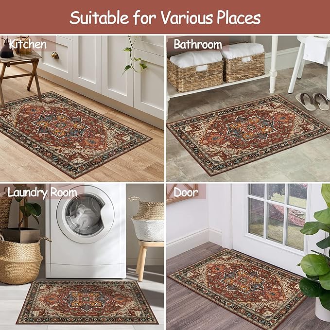 Moynesa Ultra-Thin Washable Area Rug - 2x3 Small Kitchen Rug for Entryway Mat, Oriental Non-Slip Non-Shedding Indoor Floor Carpet for Bathroom Sink Bedroom Living Room Coffee Table Hardwood Floors