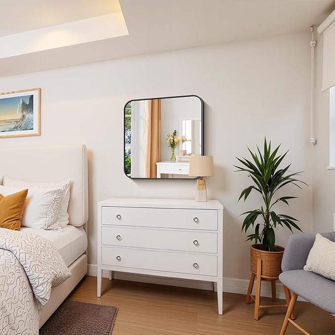 FORBATH Bathroom Mirror for Over Sink 24x24 Inch Black, Square Wall Mirror with Metal Frame, Rounded Corners for Bathroom, Bedroom, Entryway Décor