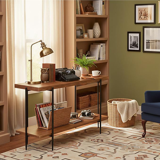 31.5” Console Table Narrow for Entryway with 2 Tier Storage Shelves, Solid Wood Industrial Entrance Sofa Table Behind Couch for Hallway, Foyer, Living Room(35.4"x11.8"x31.5")