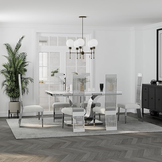 Dining Chairs Set of 12, Boucle Upholstered Modern Dining Chair, Elegant White and Silver Dining Room Chair with Polished Silver Stainless Steel Legs and Backrest for Kitchen Restaurant