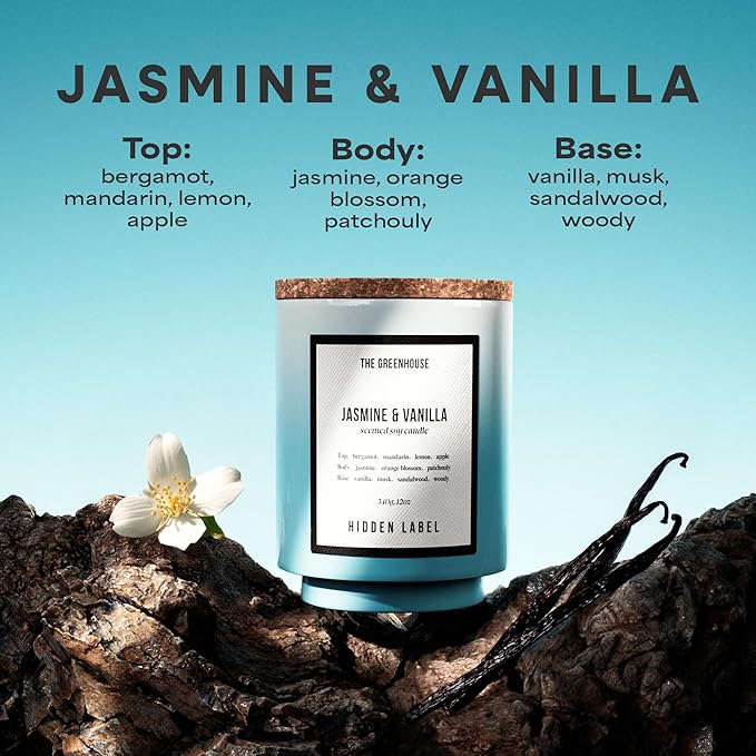 Jasmine Vanilla Scented Candle, 12oz Natural Soy Wax, 75Hours Burn Time,Clean Burn, Non Toxic, Aromatherapy Candles for Home, Stress Relief, Meditation, Yoga & Relaxation,Gifts for Women