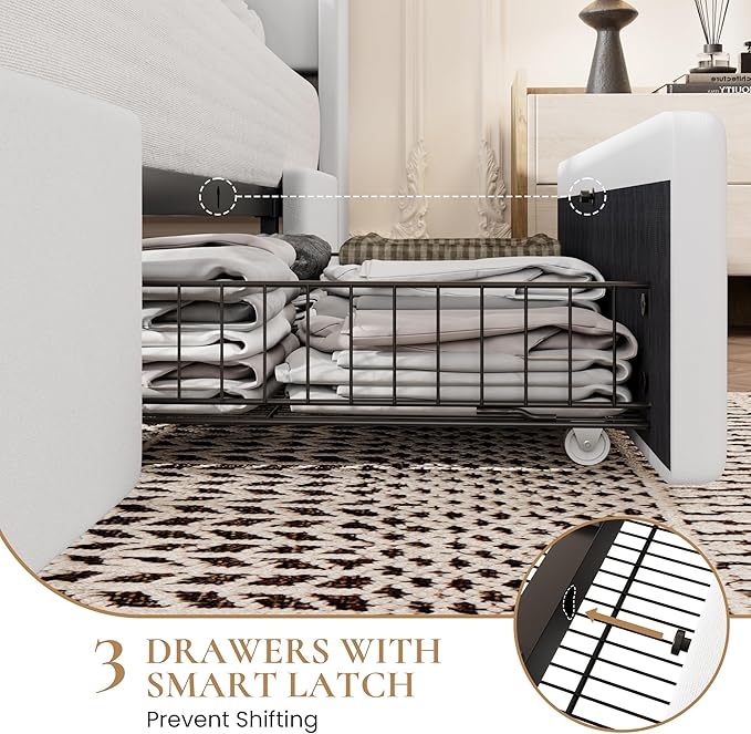 SHA CERLIN Queen Bed Frame with 3 Drawers, USB & Type-C Charging Ports, Velvet Upholstered Platform Bed with Modern Geometric Wingback Storage Headboard, No Box Spring Needed, Easy Assembly, White