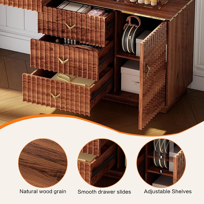 57“Makeup Vanity Desk with Mirror and Lights, Vanity Desk with 5 Drawers & Storage Shelves, Vanity Table with Power Outlet, 3 Color Modes & Adjustable Brightness Dressing Table, Bedroom,Brown