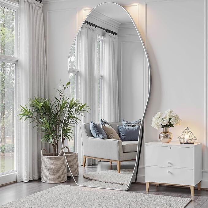 Antok Full Length Mirror, 76"x36" Floor Mirror with Stand, Standing Hanging Leaning Irregular Mirrors for Bedroom Living Room Entryway, Wavy Shaped, Silvery