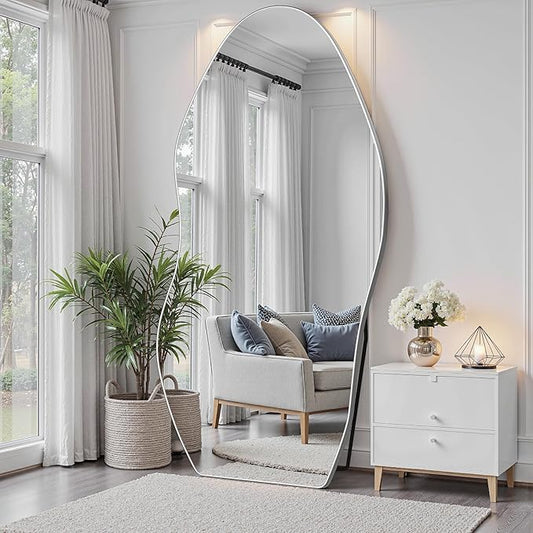 Antok Full Length Mirror, 76"x36" Floor Mirror with Stand, Standing Hanging Leaning Irregular Mirrors for Bedroom Living Room Entryway, Wavy Shaped, Silvery