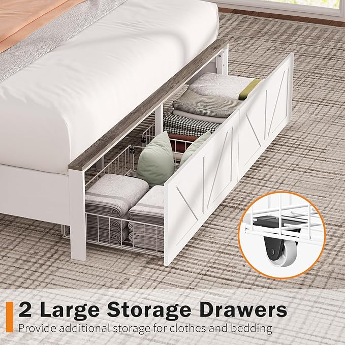 Yoobure Farmhouse Full Size Bed Frame with Headboard, Full Bed Frame with Charging Station & LED Lights, Platform Beds with 2 Storage Drawer, Wood Bedframe, Noise Free, No Box Spring Needed, White