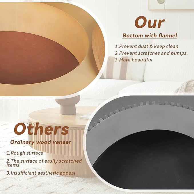 Round Coffee Table for Living Room,Fluted Drum Accent Tea Center Table with Storage,Circle Modern Coffee Tables for Small Space Office Apartment (31.5" L×31.5''W×14''H-Natural)