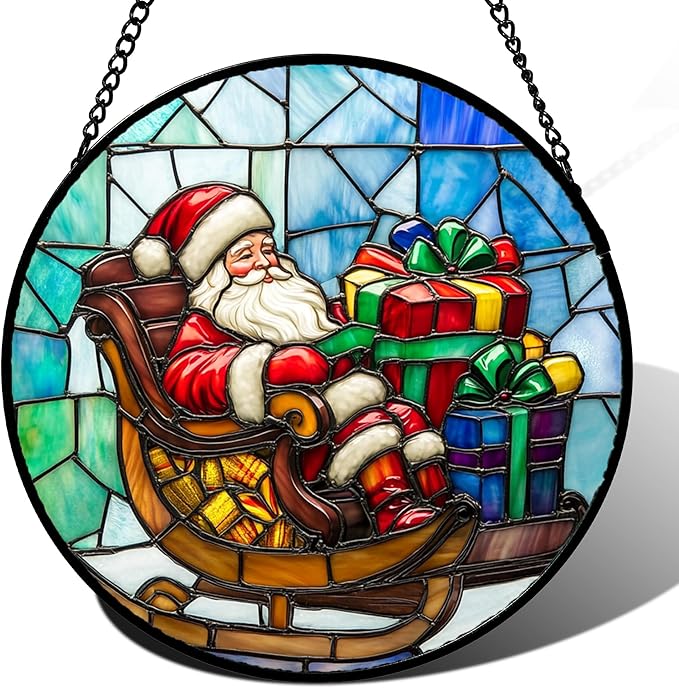 Stained Glass Window Hanging - Santa Claus Gift BoxSuncatcher for Doors Home Christmas Decoration Winter Sun Catcher Thanksgiving New Year Birthday Gift for Women Men Mom Nana 7.8 in