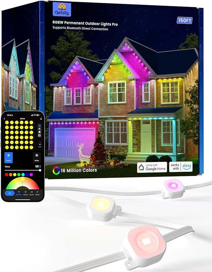 Gefolly Permanent Outdoor Lights Pro, 150ft with 90 RGBW Double-LED Lights 111 Scene Modes for Daily, Halloween, Christmas, IP67 Waterproof for Outdoor Decor, Works with Alexa, Google Assistant, White