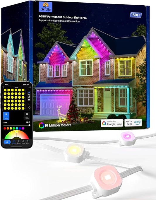Gefolly Permanent Outdoor Lights Pro, 150ft with 90 RGBW Double-LED Lights 111 Scene Modes for Daily, Halloween, Christmas, IP67 Waterproof for Outdoor Decor, Works with Alexa, Google Assistant, White