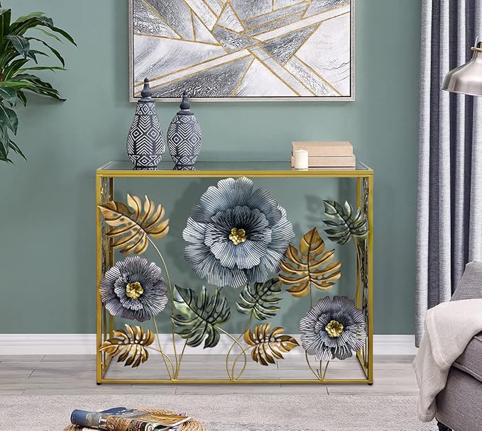 Console Table, Vintage Art Sofa Table with Metal Flower Decor, Narrow Entryway Tables with Glass Mirror Tabletop Behind Sofa, Narrow Accent Table for Entryway Living Room Hallway Bedroom