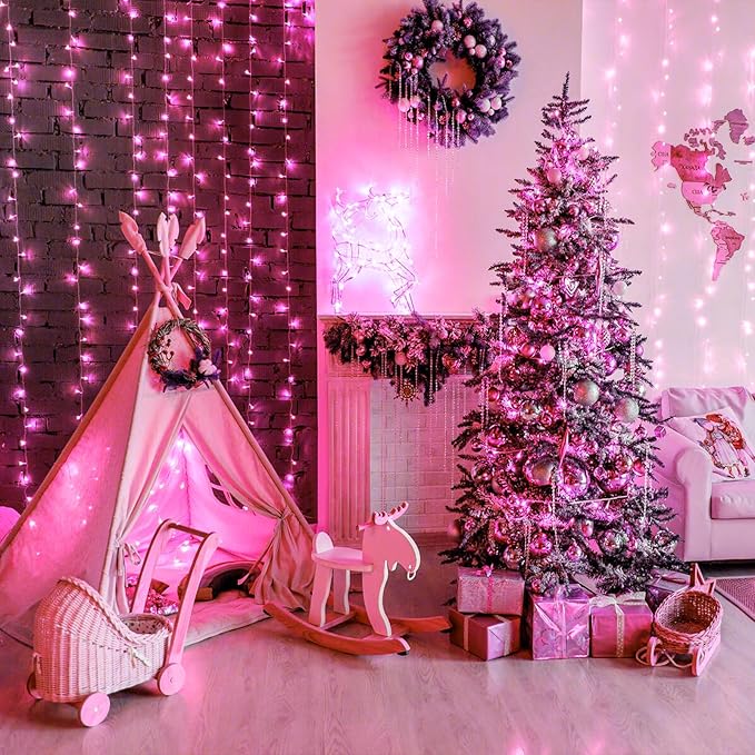 800 LED Pink Christmas Lights Outdoor 262FT Pink String Lights 8 Modes Clear Wire, Plug in Waterproof Twinkle Fairy Lights for Bedroom Indoor Wedding Christmas Party Decorations