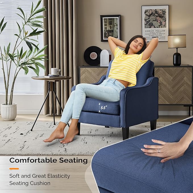 VINGLI Navy Blue Accent Chairs for Living Room, Line Comfy Upholstered Chair Mid Century Modern Armchair for Bedroom, Home Office, Small Spaces, Apartment