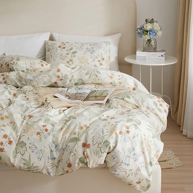 EAVD Fresh Vintage Floral Comforter Set Twin XL White Soft Microfiber Garden Leaves Floral Bedding Comforter Set with 2 Pillowcases Reversible Cottagecore Botanical Comforter Set for Girls Women
