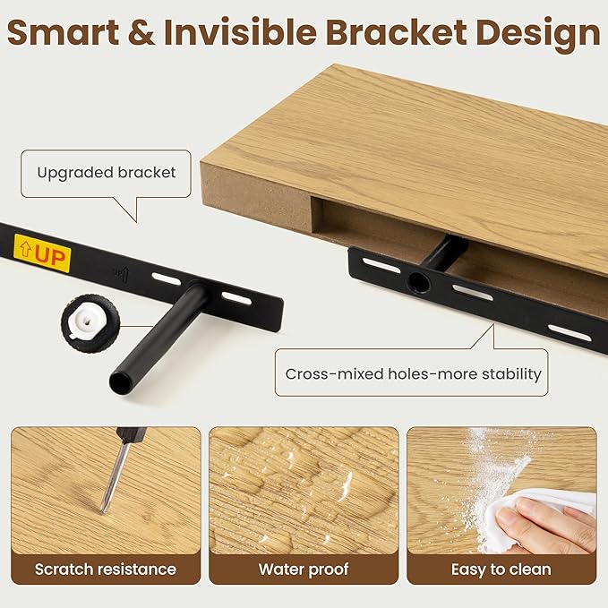 40 Inch Floating Shelves for Wall, 8 Inch Deep Floating Shelf for Storage & Display, Rustic Wall Mounted Shelf with Invisible Brackets for Living Room, Kitchen, Bathroom, Home Decor, Set of 2, Oak