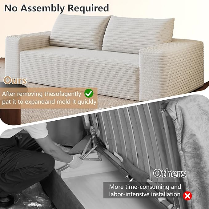 Cloud Loveseat Sofa, Modern Corduroy 2-Seater Couch with Deep Seat, No Assembly Required Memory Foam Sofa, Boneless Sofa in a Box for Bedroom, Apartment, Office,Small Space (White,63in)