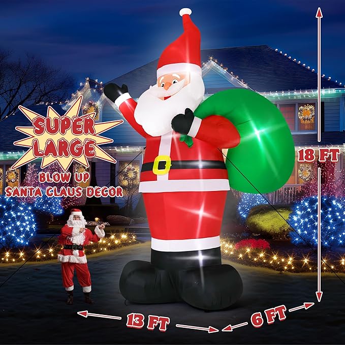 18FT Christmas Inflatable Santa with Gift Bag, Extra Large Outdoor Christmas Decorations with LED Lights, Waterproof Santa Claus Blow Up for Yard, Garden, Holiday Party (18H x 13W x 6D ft)