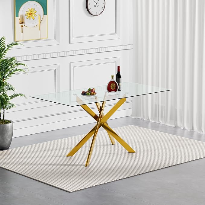 51.18" Glass Dining Table for 4-6, Dining Room Table with Clear Tempered Glass and Gold Metal Legs, Modern Rectangular Kitchen and Dining Room Dinner Table for Kitchen