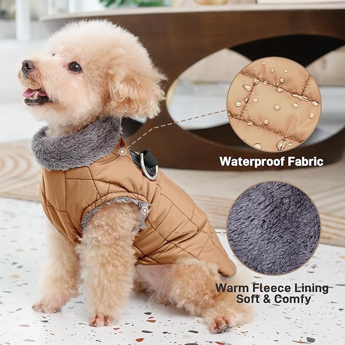 Warm Fleece Dog Coats with Durable Harness Buitl in D-Ring,Waterproof Doggie Jacket for Medium Dogs,Dog Vest for Cold Winter,Burnished Khaki L