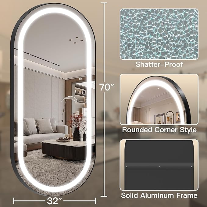 FENNIO Full Length Mirror with Lights, 70"x32" LED Full Body, Wall Mounted Hanging Mirror for Bedroom, Salon, 3-Color Lighting, Brushed Aluminum Frame [Tempered Glass]