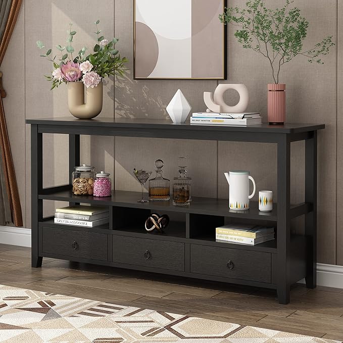 Karl home Console Table with 3 Bottom Drawers, 57.9" W Sofa Side Table Entryway Desk with 3 Storage Cubbies 1 Open Shelf, Vintage TV Stand for Hallway Living Room Office, Black 29.9" H