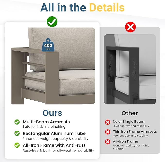 Wisteria Lane Patio Furniture Metal Sofa, Metal Outdoor Chairs with Upgraded Cushions, All-Weather Outdoor 3 Seats Sofa Couch for Balcony, Garden, Deck, Backyard, Khaki