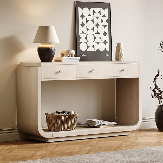 Merax 55" Entryway Table with 3 Drawers, Natural Wood Grain Finish Console Table with Fluted Design for Entryway and Living Room (Beige)