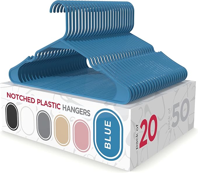 Sharpty Plastic Hangers Clothes Hangers for Clothing, Closet, Coats & Shirts - Notched, Durable, Thick, Tough & Space Saving - for Everyday Standard Use, Room Essentials & Basics - 20 Pack - Blue
