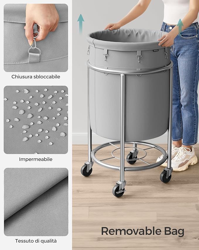 SONGMICS 29-Gallon (110 L) Laundry Basket with Wheels, Rolling Round Heavy-Duty Laundry Hamper Cart with Steel Frame and Removable Bag, 2 Locking Wheels, Gray and Metallic Silver URLS002G01