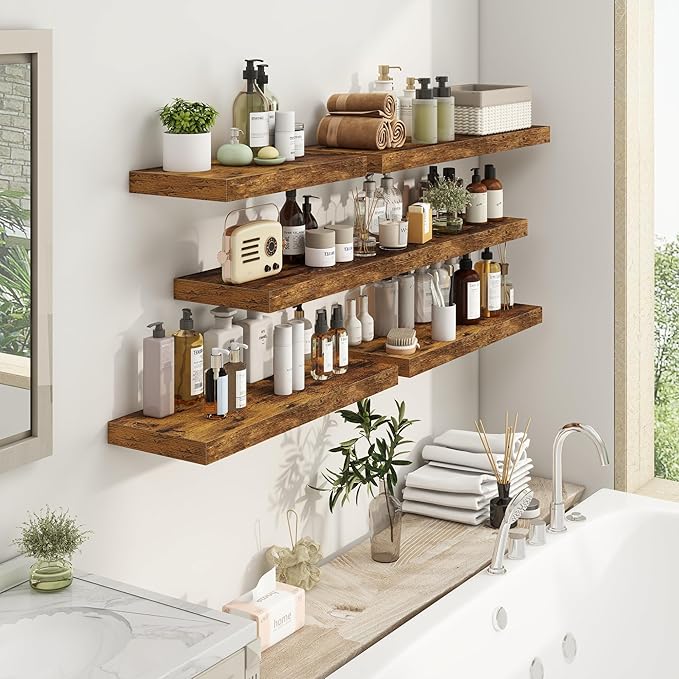 Deep Floating Shelves - 16" W x 9.3" D x 1.6" H Rustic Brown Wall Shelf - Wall Mounted Shelves for Decor & Storage - Wooden Shelves with Invisible Brackets for Living Room, Kitchen - Set of 2