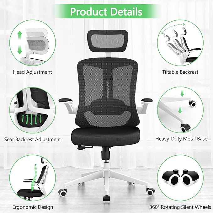 Office Chair,Ergonomic Comfy Home Desk Chair with 350LBS Capacity,High Back Gaming Chair with Wheels,Mesh Computer Chair,Lumbar Support, Adjustable Headrest,Flip-up Armrest (B-Black + White)