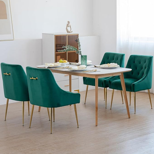 Modern Dining Chairs Set of 4, Mid Century With 5.12" Cushions and Golden Legs, Velvet Upholstered With Back Pull Rod, for Kitchen, Living Room (Green)