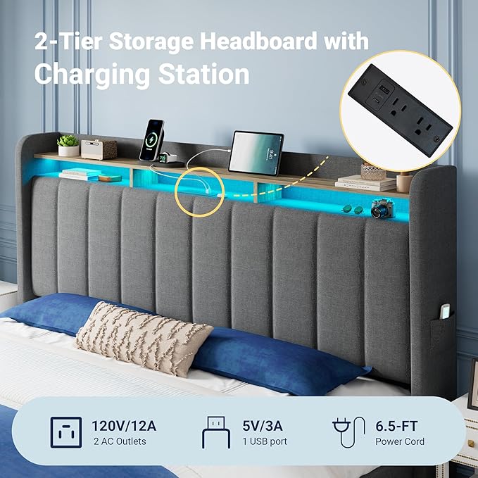 Allewie Vertical Tufted King Size Upholstered Platform Bed Frame with 2-Tier LED Storage Headboard & 2 Storage Drawers, USB & Type-C Charging Ports, Noise-Free/No Box Spring Needed, Dark Grey